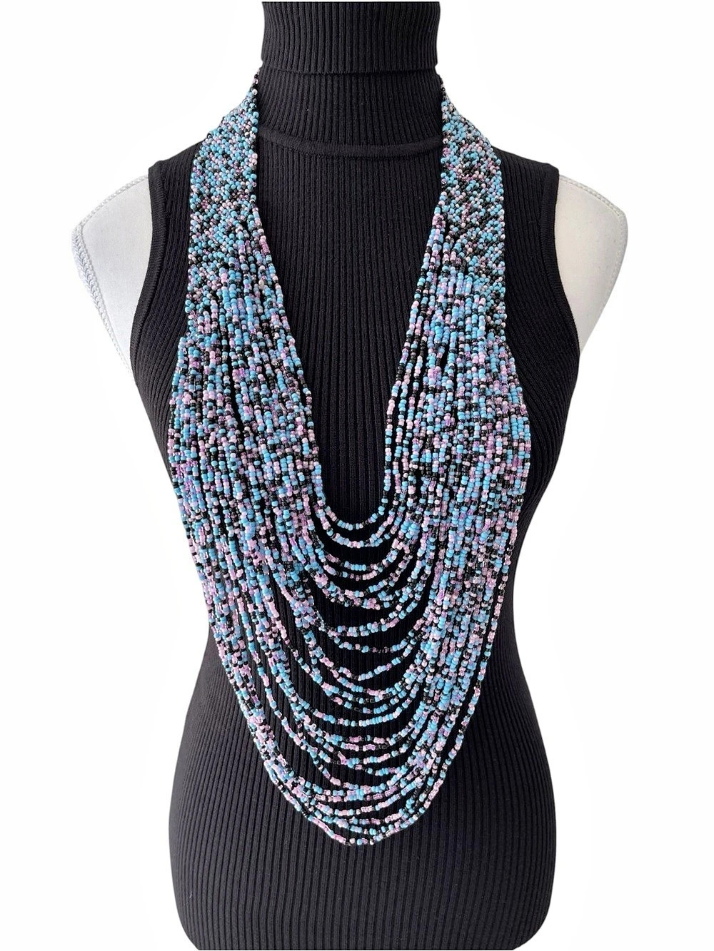 Multistrand Beaded Statement Necklace in Blue & Black